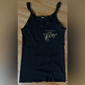 Vintage 1980s Butterfly Graphic Womans Tank Top Lace  Black Classic